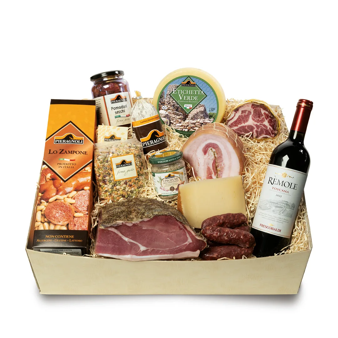 Confezione regalo con prosciutto, pecorino, salumi e vino toscano