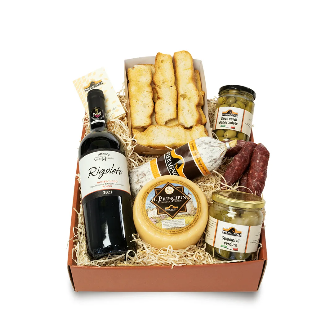 Confezione regalo per l'aperitivo con salumi, olive e Montecucco DOC