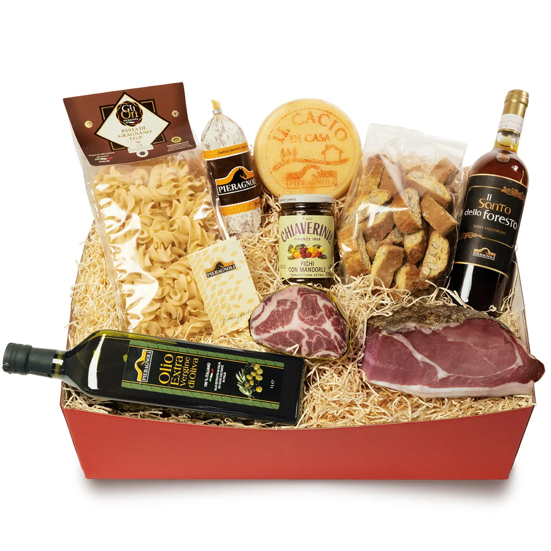 Confezione regalo con prosciutto, pecorino, confettura di fichi e vino liquoroso
